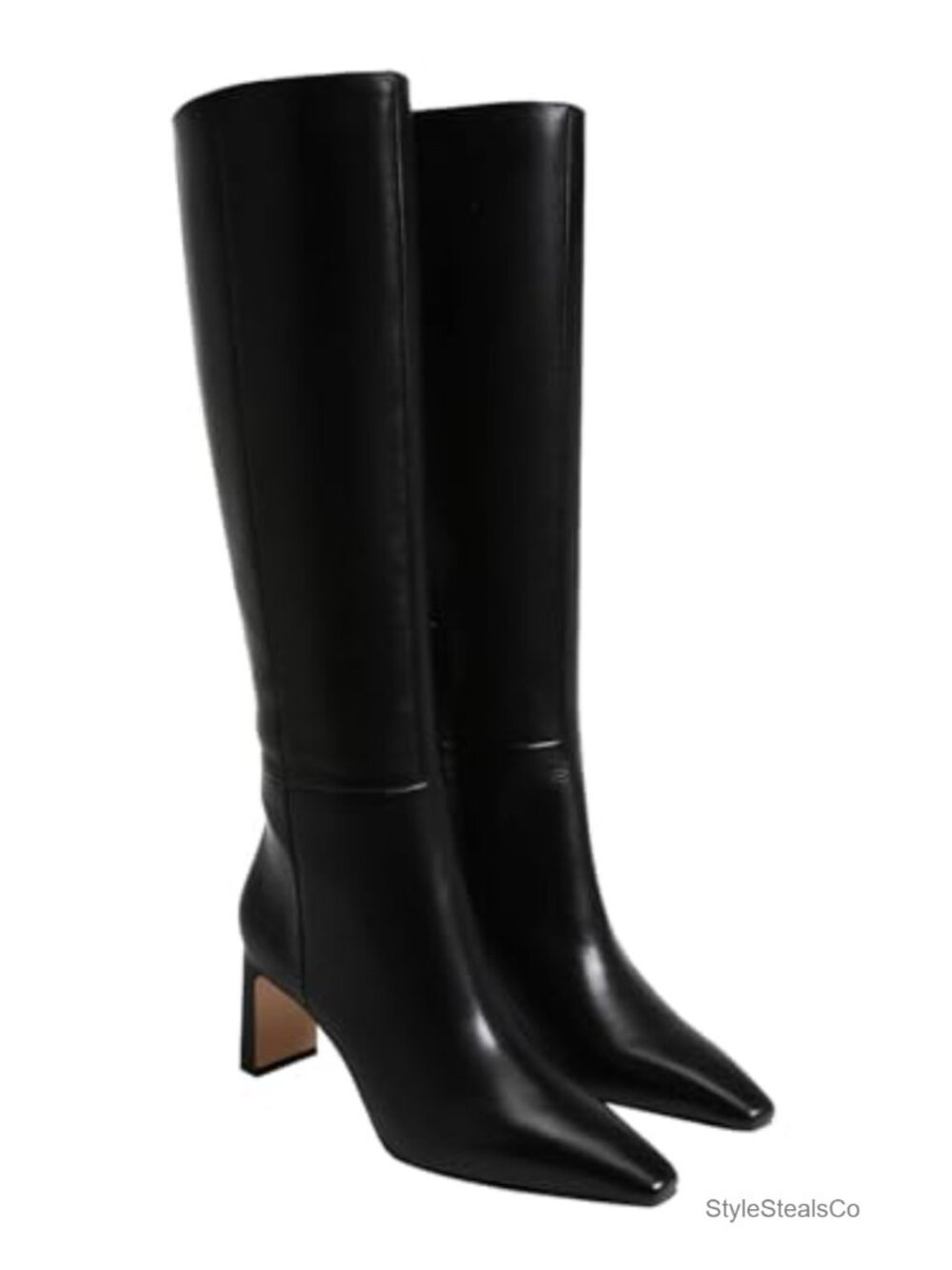 Faux Leather Knee High Boots Chunky Heel Pointed Toe Side Zip Tall Dress